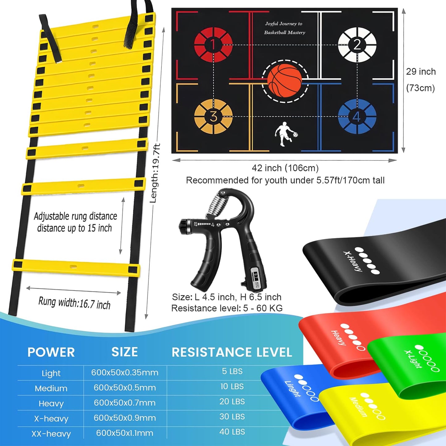 Basketball Training Equipment, Dribble Trainer, Footwork Training, Training Aids with Basketball Training Mat,Agility Ladder,Hand Grip Strengthener,Resistance Bands
