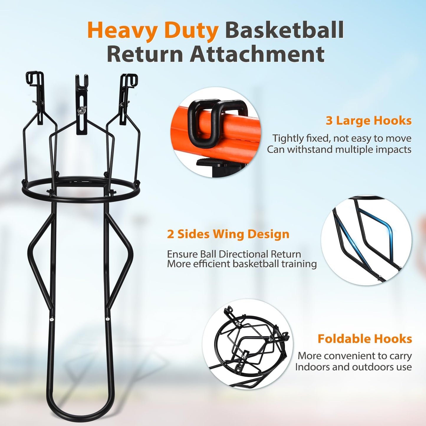 GADFISH Basketball Return Attachment, Heavy Duty Basketball Rebounder with 3 Stable Large Hooks, Durable Basketball Accessories for 18" Rim Basketball Training, Black