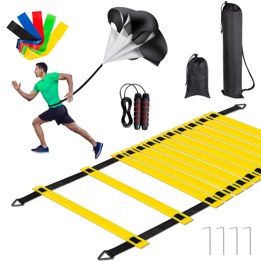 MIVERYEA Soccer Training Equipment Set, 20 Feet 12 Rungs Pro Speed & Agility Ladder, Resistance Parachute, Jump Rope, 5 Resistance Bands with Carrying Bag