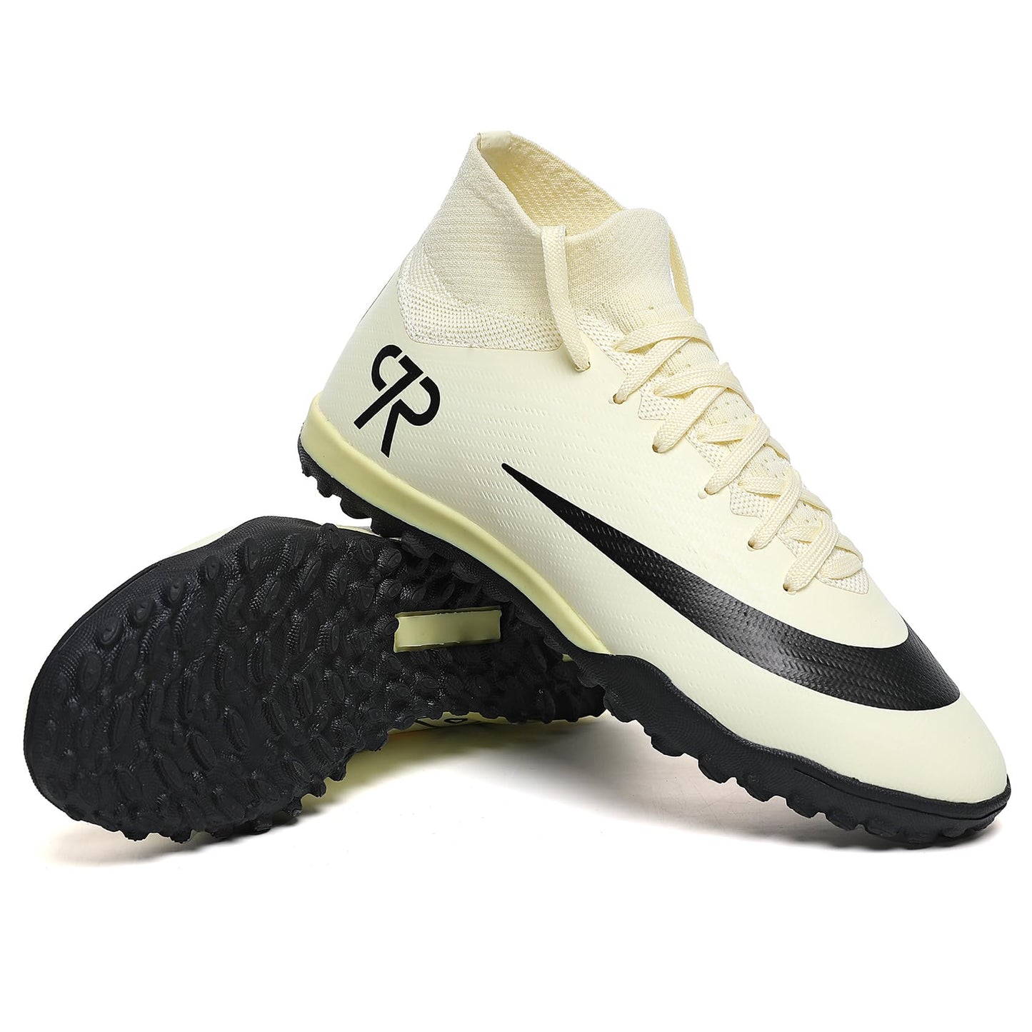 Boys Soccer Shoes Turf Youth Soccer Cleats Kids Spike TF High-Top Football Boots for Outdoor Training Beige Black Size 5