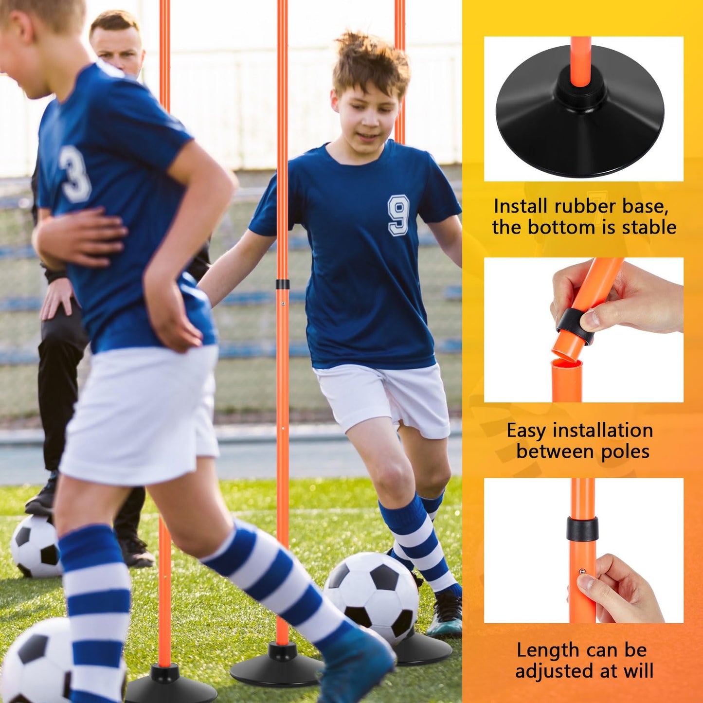 Sonwyoung 8 Pcs Soccer Agility Poles Detachable Sports Training Speed Slalom Poles with Rubber Base Coaching Sticks for Soccer Drills and Training(Orange)