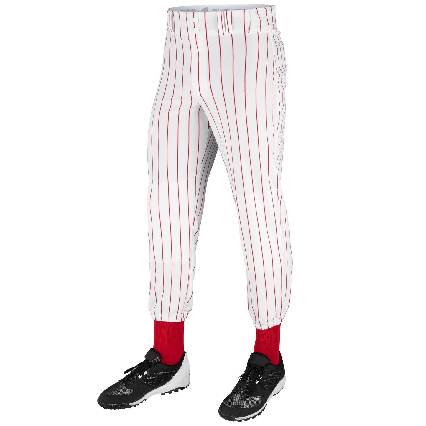 Champro Traditional Fit Triple Crown Classic Baseball Pants with Knit-in Pinstripes and Reinforced Sliding Areas, White, Scarlet pin, Medium