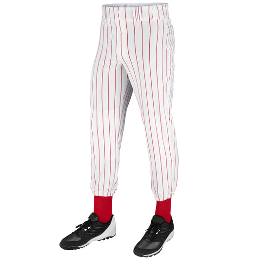 Champro Traditional Fit Triple Crown Classic Baseball Pants with Knit-in Pinstripes and Reinforced Sliding Areas, White, Scarlet pin, Medium