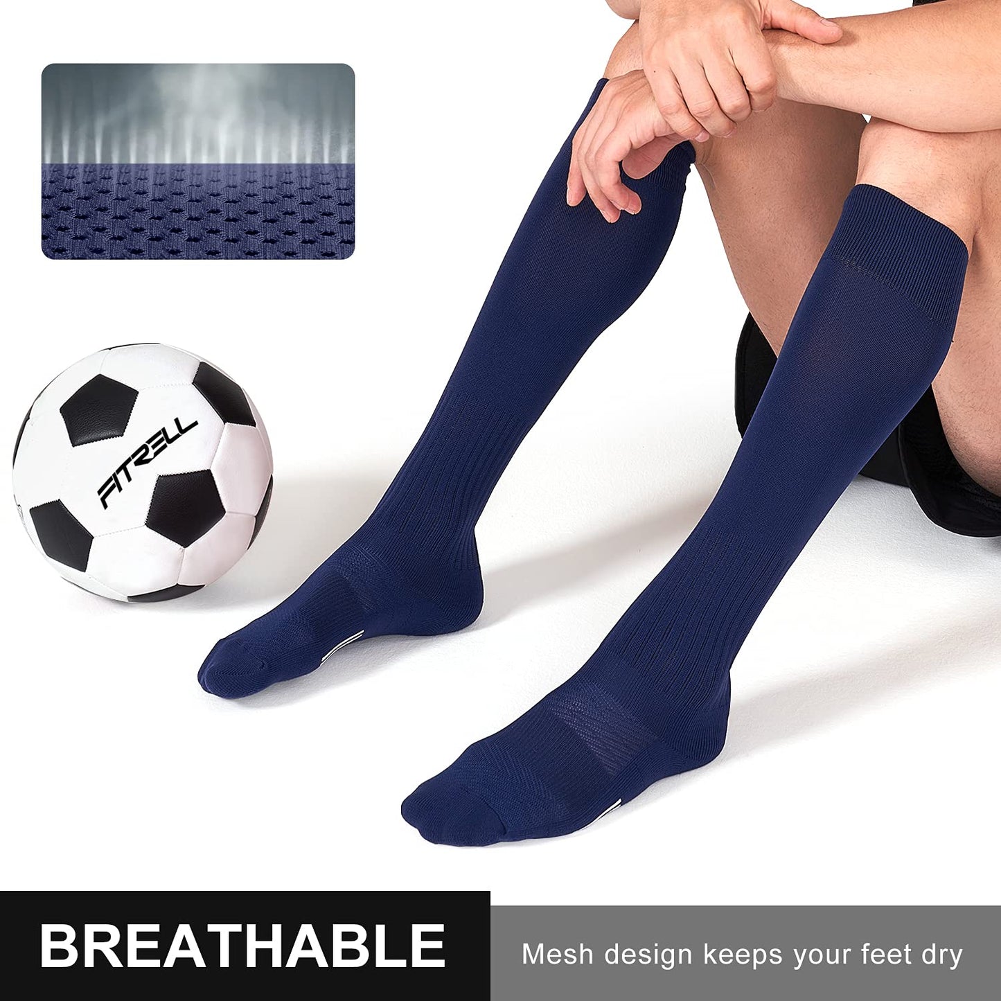 FITRELL 2/3 Pack Soccer Socks Baseball Softball For Youth Kids Boys Girls, Over-The-Calf Football Socks for Adult Men Women,Navy,Medium