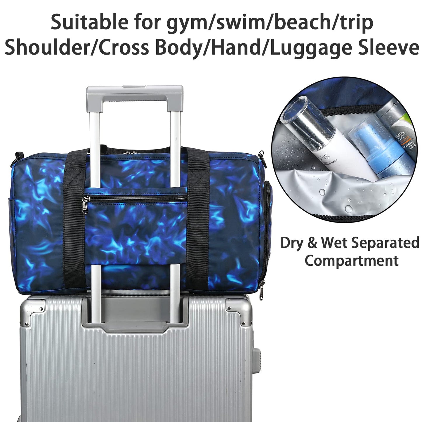 Kids Duffle Bag Boys Girls Overnighter Travel Sport Gym Bag Weekender Carry On Shoulder Bag with Shoe Compartment & Wet Pocket (Soccer Black Blue)
