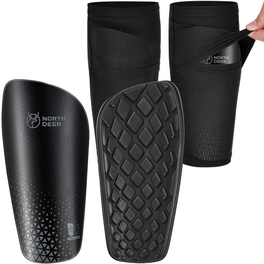 Soccer Shin Guards for Boys incl. Sleeves with Optimized Insert Pocket - Protective Soccer Equipment for Kids Girls (Black M)