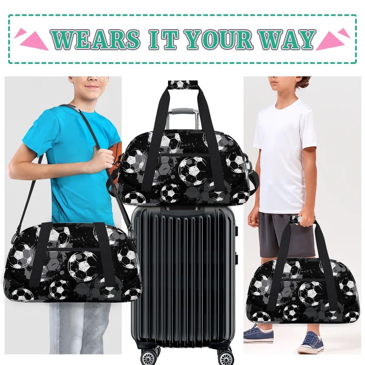Black Football Kids Duffel Bag for Boys, Soccer Sports Gym Bag Overnight Travel Weekender Bag Lightweight Carry On Sleepovers Bag for School Practice Gymnastics