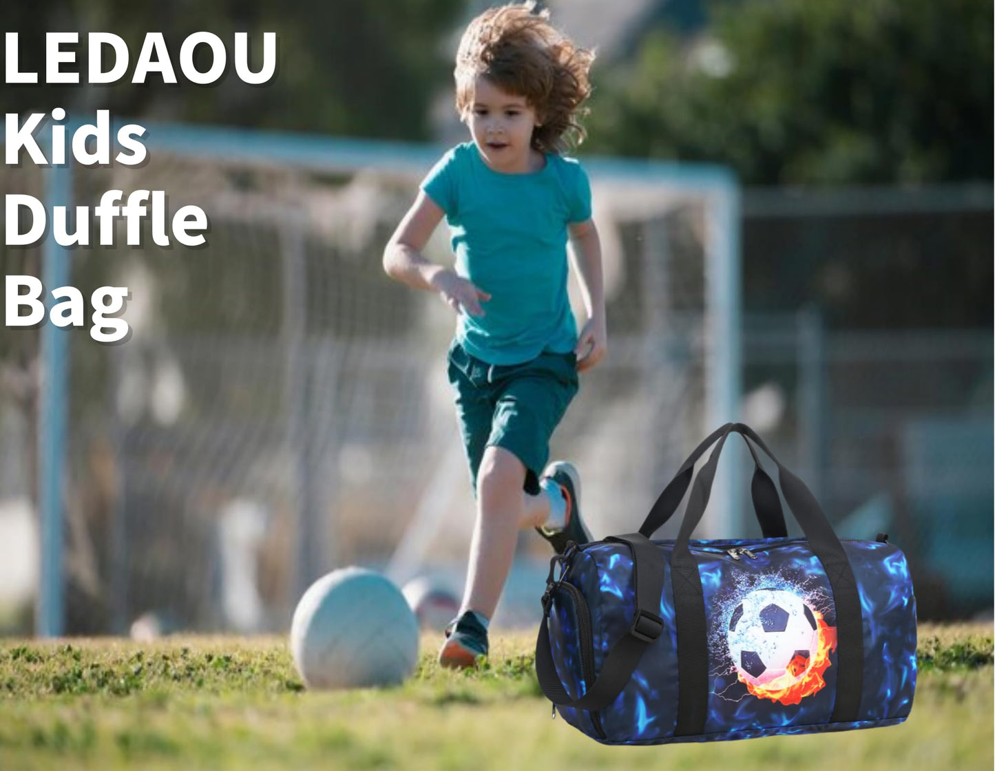 Kids Duffle Bag Boys Girls Overnighter Travel Sport Gym Bag Weekender Carry On Shoulder Bag with Shoe Compartment & Wet Pocket (Soccer Black Blue)