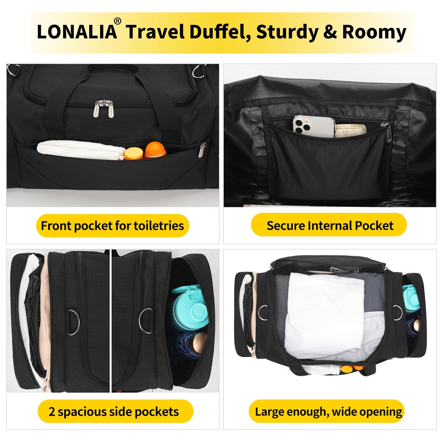LONALIA Gym Bag Sport Duffle Bag for Men - 21 in Weekender Travel Bag with Trolley Sleeve (Black)