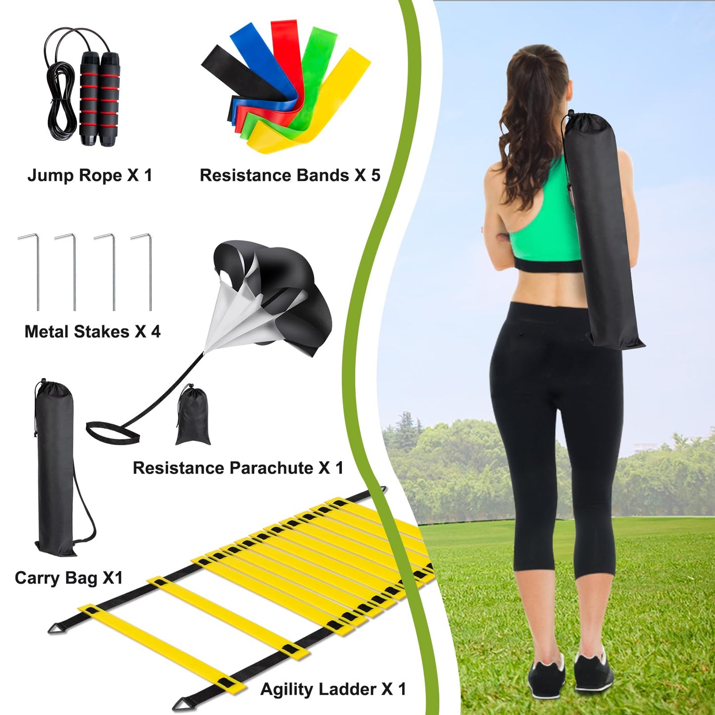 MIVERYEA Soccer Training Equipment Set, 20 Feet 12 Rungs Pro Speed & Agility Ladder, Resistance Parachute, Jump Rope, 5 Resistance Bands with Carrying Bag