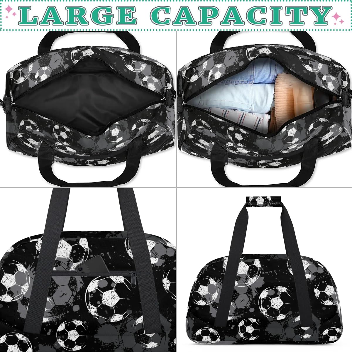 Black Football Kids Duffel Bag for Boys, Soccer Sports Gym Bag Overnight Travel Weekender Bag Lightweight Carry On Sleepovers Bag for School Practice Gymnastics