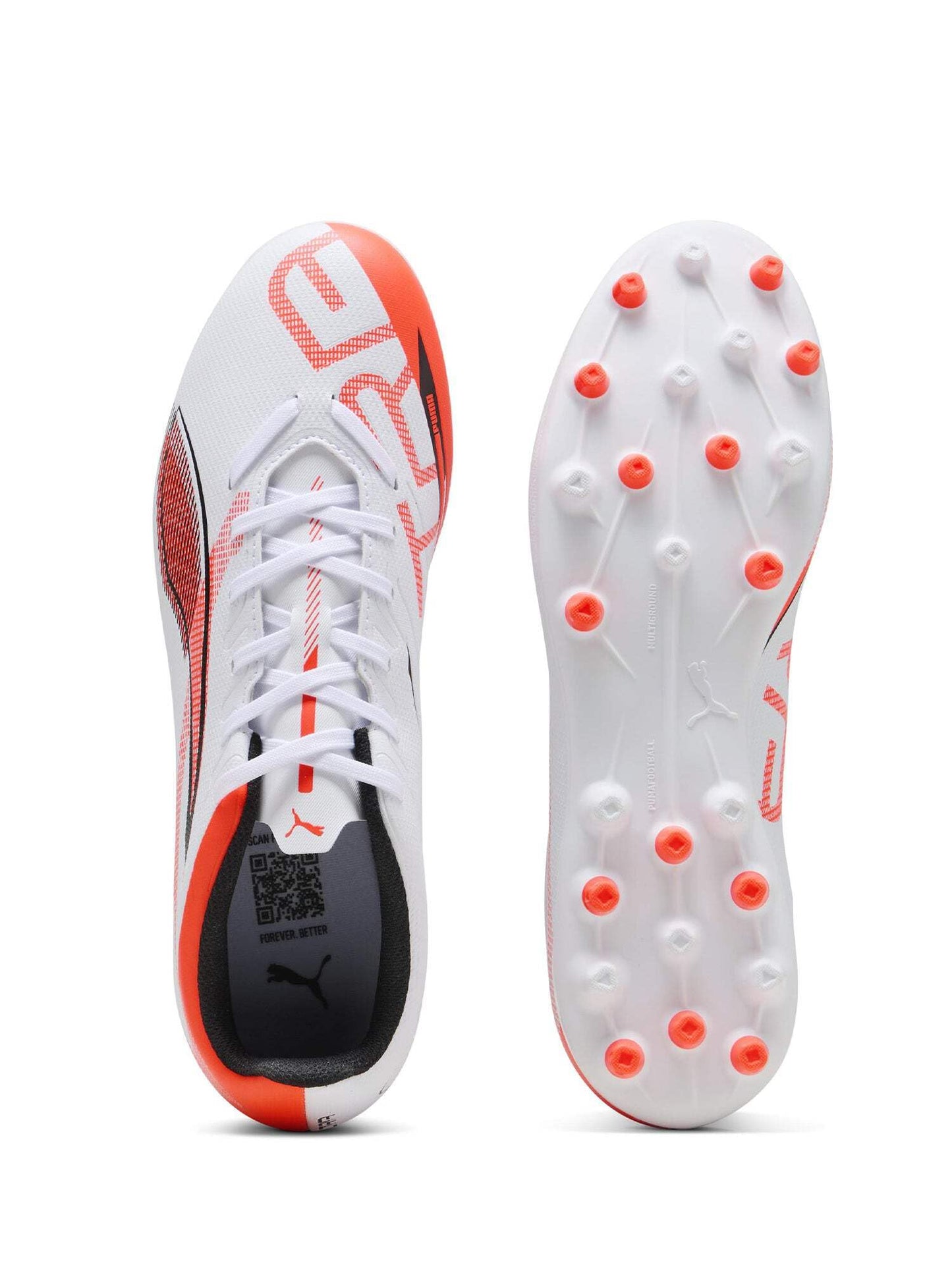 PUMA Unisex Ultra 5 Play MG Soccer Shoe, Puma White PUMA Black Glowing Red, 8.5