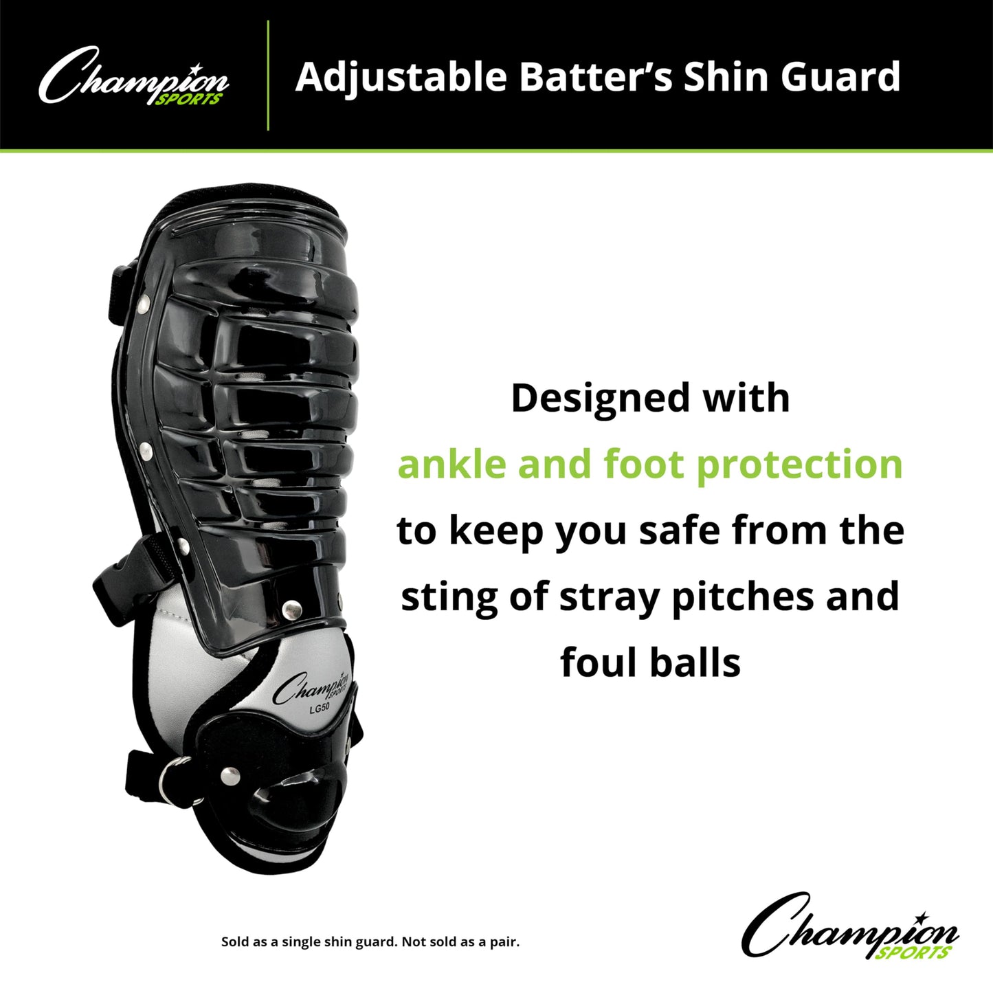 Champion Sports Universal 7.5" L Adjustable Batters Shin Guard (Set of 1) - Wrap Around Padding and Ankle/Foot Protector - Quick Release Buckles - Ages: Youth to Adult
