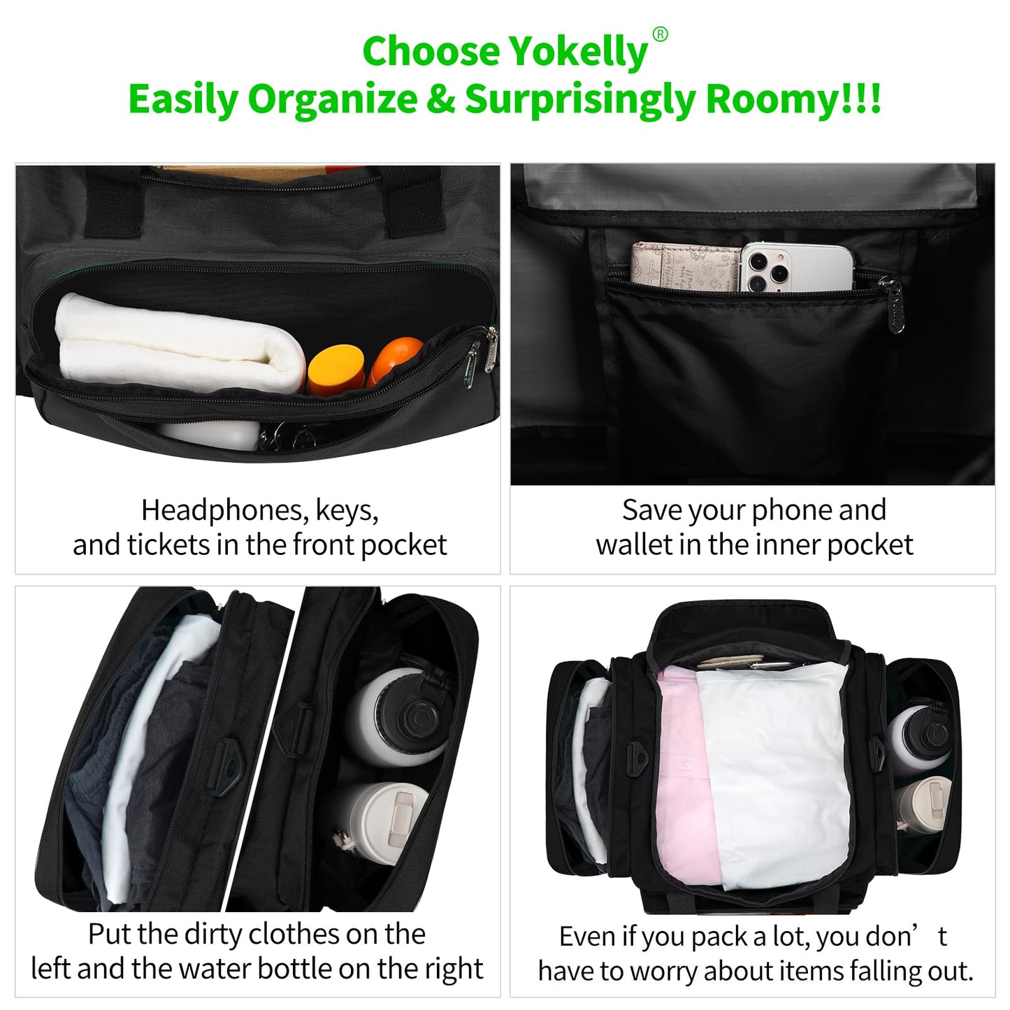 YoKelly Sports Duffel Bag 20 inch for Travel Gym - Black