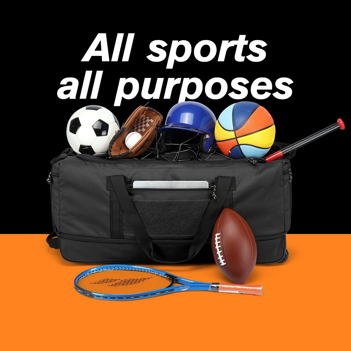 170L Extra Large Baseball Bag with Wheels Gym Duffle Softball Catchers Coach Team Equipment Bags Collapsible Rolling Travel Duffel Bat Gear Bag for Hockey Basketball Football Volleyball Soccer, Black