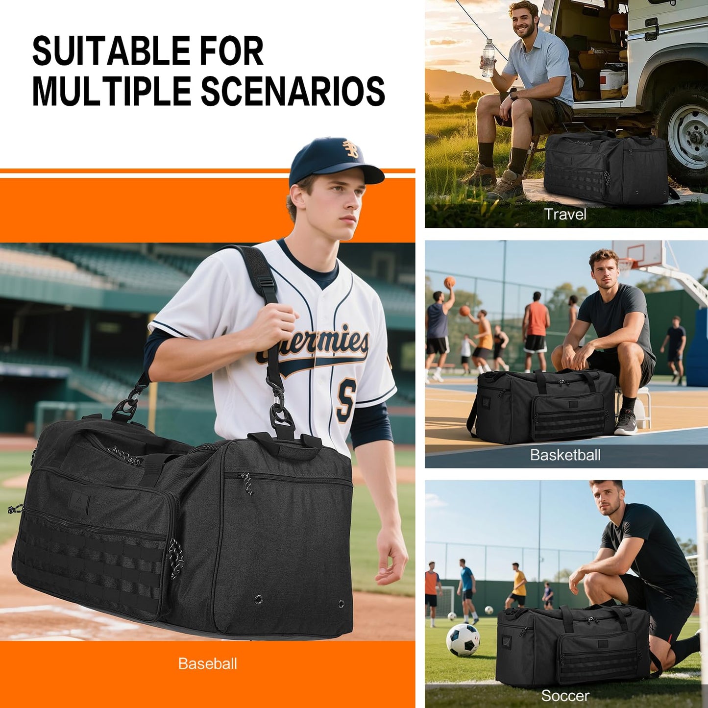 Tonruyn 125L Extra Large Gym Duffle Bag for Men Women with Shoes Compartment Heavy Duty Tactical Sports Duffel Bag Big Football Baseball Basketball Soccer Hockey Team Equipment Bag, Black
