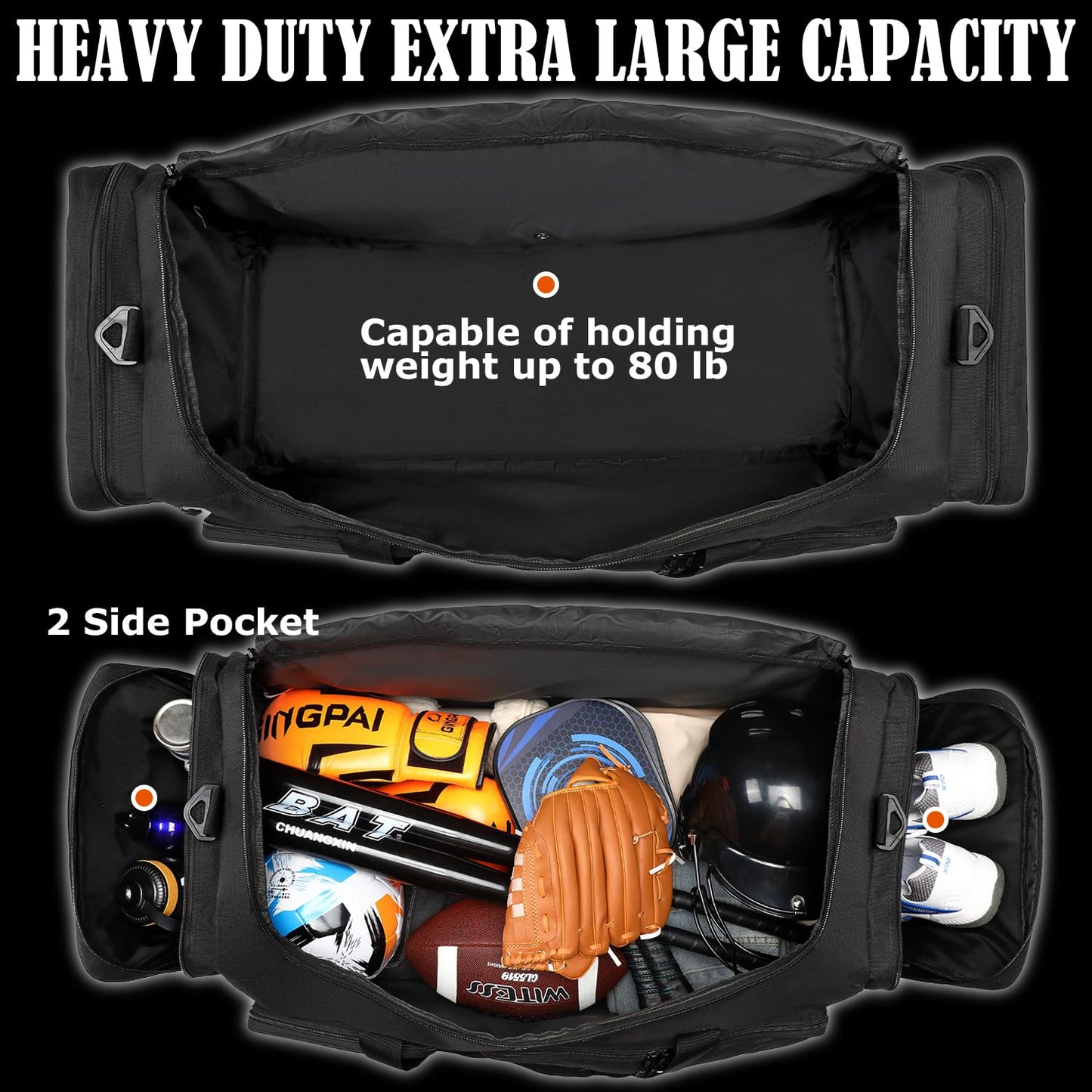130L Extra Large Duffle Bag for Men, Heavy Duty Duffle Bag for Travel, Large Sports Gym Equipment Bag for Hockey Football Baseball Soccer Basketball & Team training, Black
