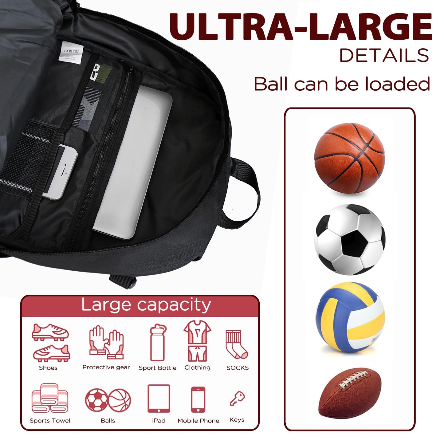 LARIPOP Soccer Backpack,Basketball Backpack with Ball Holder and Shoe Compartment,Men&Women Gifts Backpack for Basketball Accessories Training Equipment Fits Volleyball,Soccer,Sports Gifts