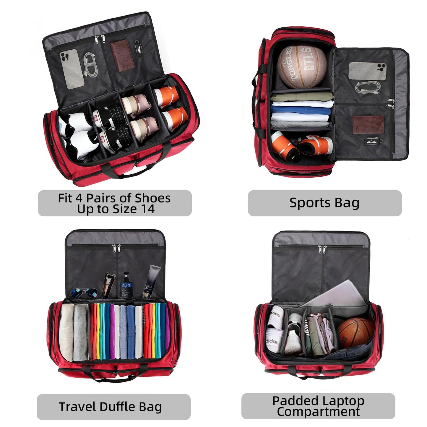 Sneaker Bag Travel Shoes Duffel Bag Men Women Gym Sport Luggage Duffle Carrying Case Bag Divider Adjustable Compartment Portable Soccer Athletic Shoes Carrier Heavy Duty Traveling Accessories (RED)
