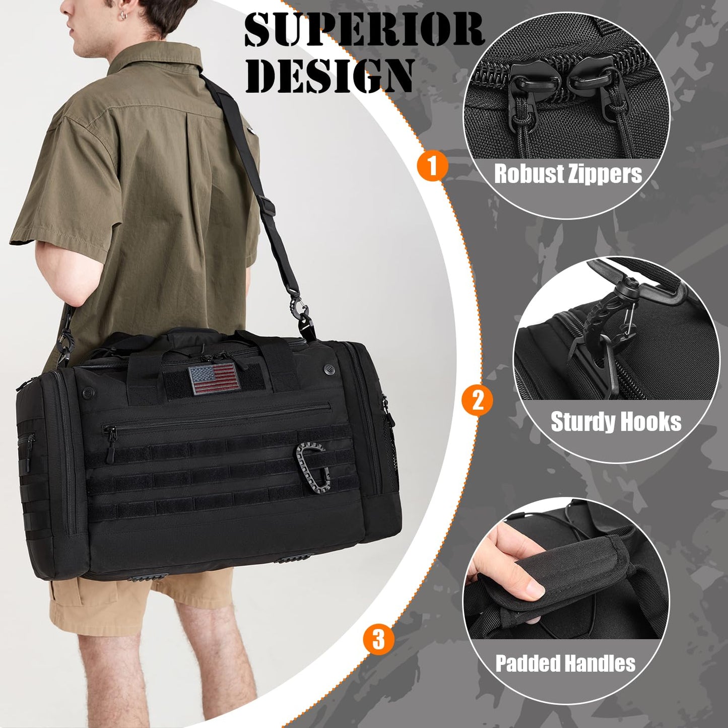 45L Large Duffle Bag for Men & Women, Tactical Military Duffle Bag for Travel Weekender, Gym Bag， Large Sports Bag for Hockey Football Baseball Soccer Basketball & Team Training，Black