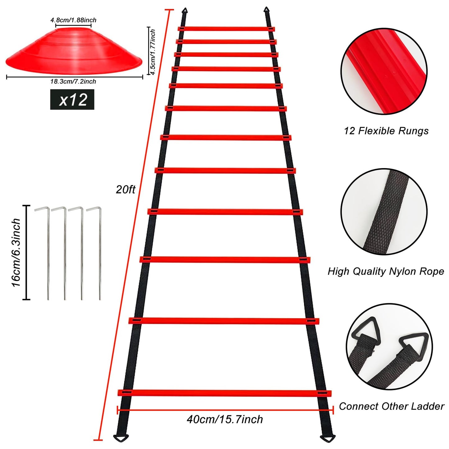 YEXEXINM Professional Agility Ladder Speed Training Equipment Set-20ft Red Agility Ladder,12 Soccer Cones, 4 Agility Hurdles, Running Parachute, Suitable for Soccer Football Basketball Training