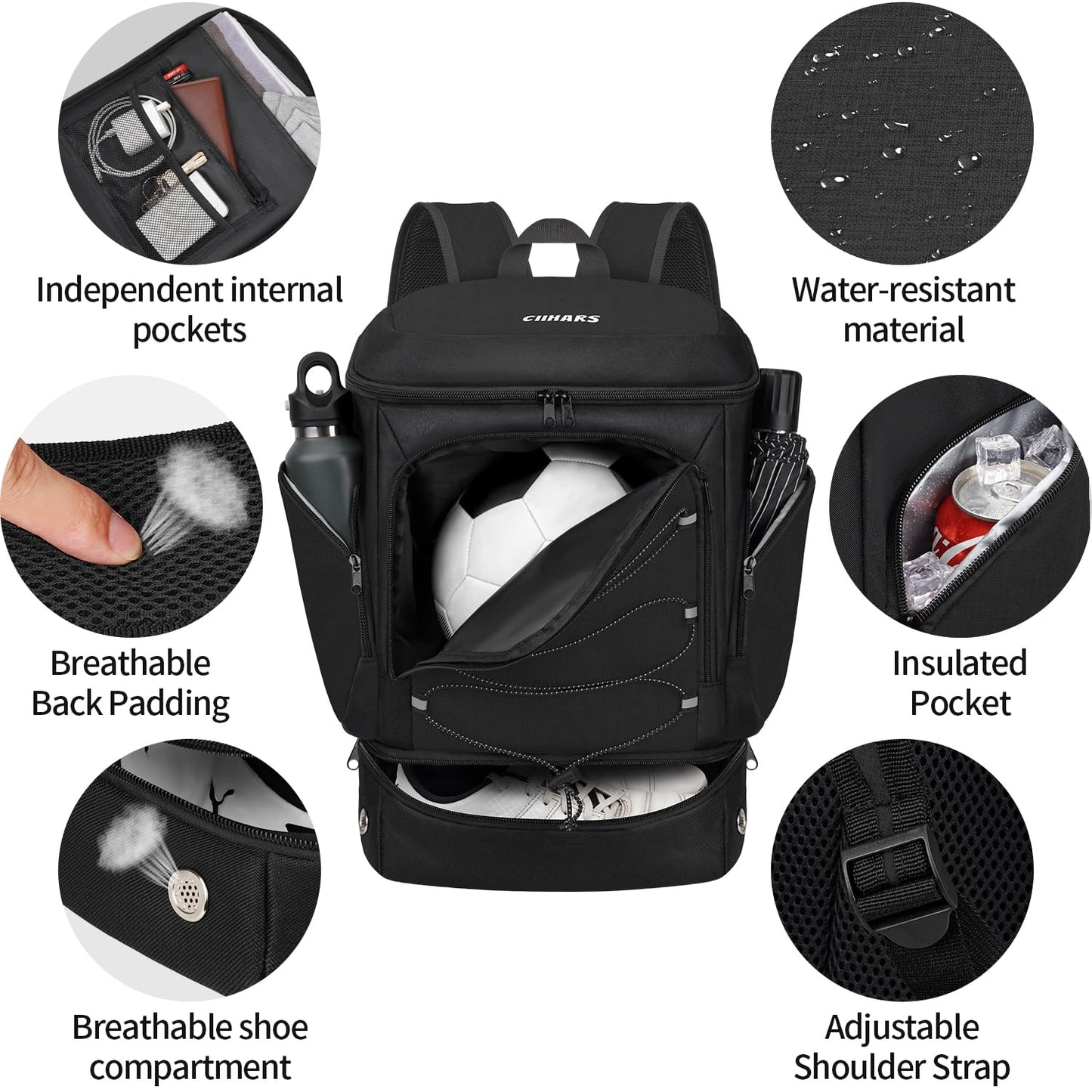 Ciihars Soccer Backpack,Soccer Bag with Ball Holder, Includes Separate Cleat Shoe and Ball Compartment Sport Equipment Bags Fit Basketball Volleyball Football (black)