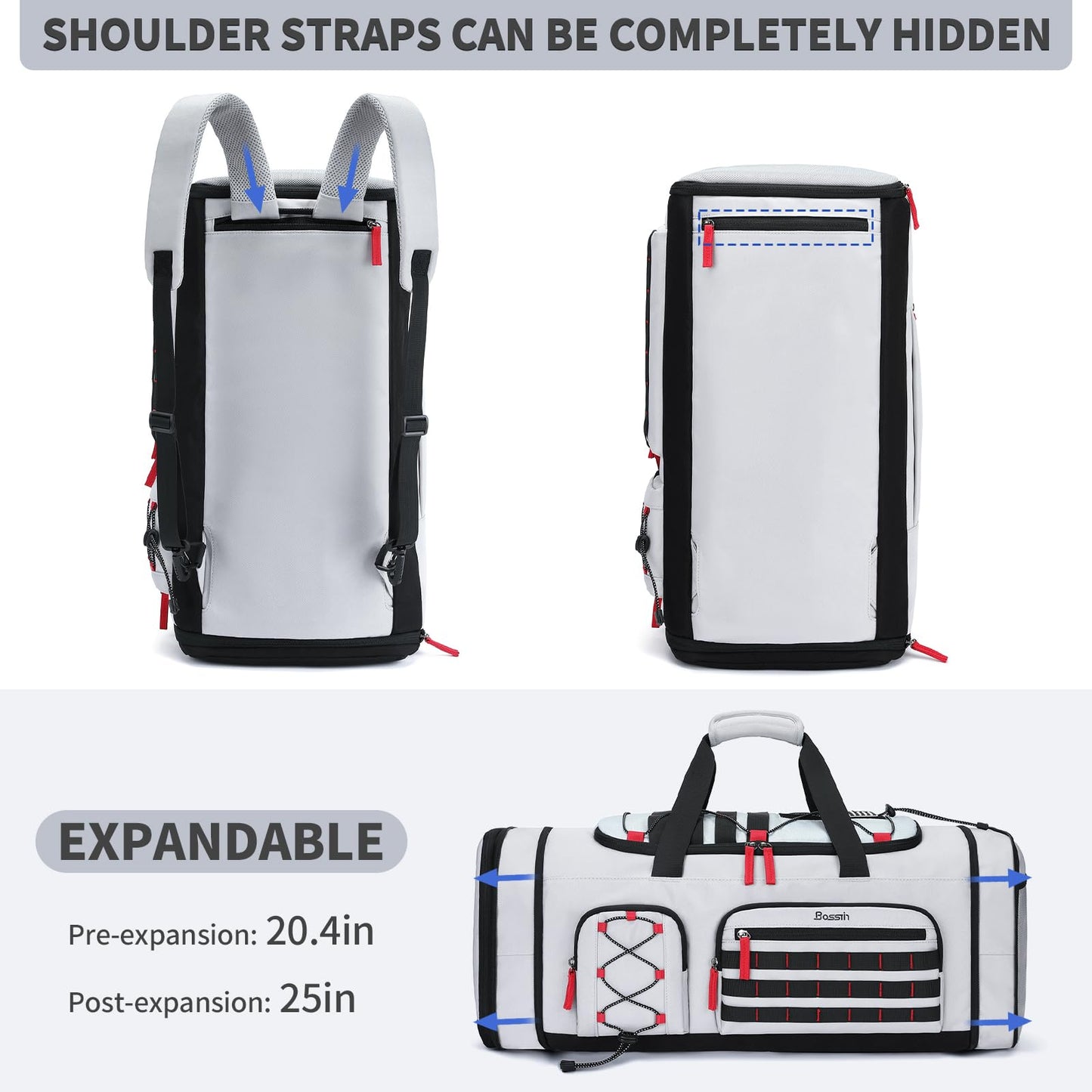 Bosstin Gym Bag for Men & Women, 45L Travel Duffle Sports Duffel Bag Gym Weekender Overnight Backpack with Shoe Compartment (Grey)