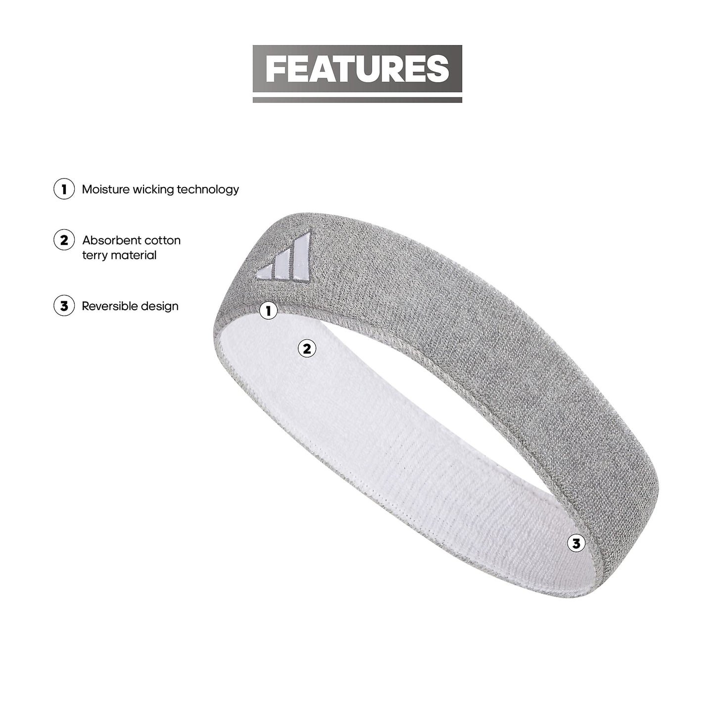 adidas Interval Reversible Elastic Sweat Headband for Men and Women, Heather Light Grey/White(2.0), One Size