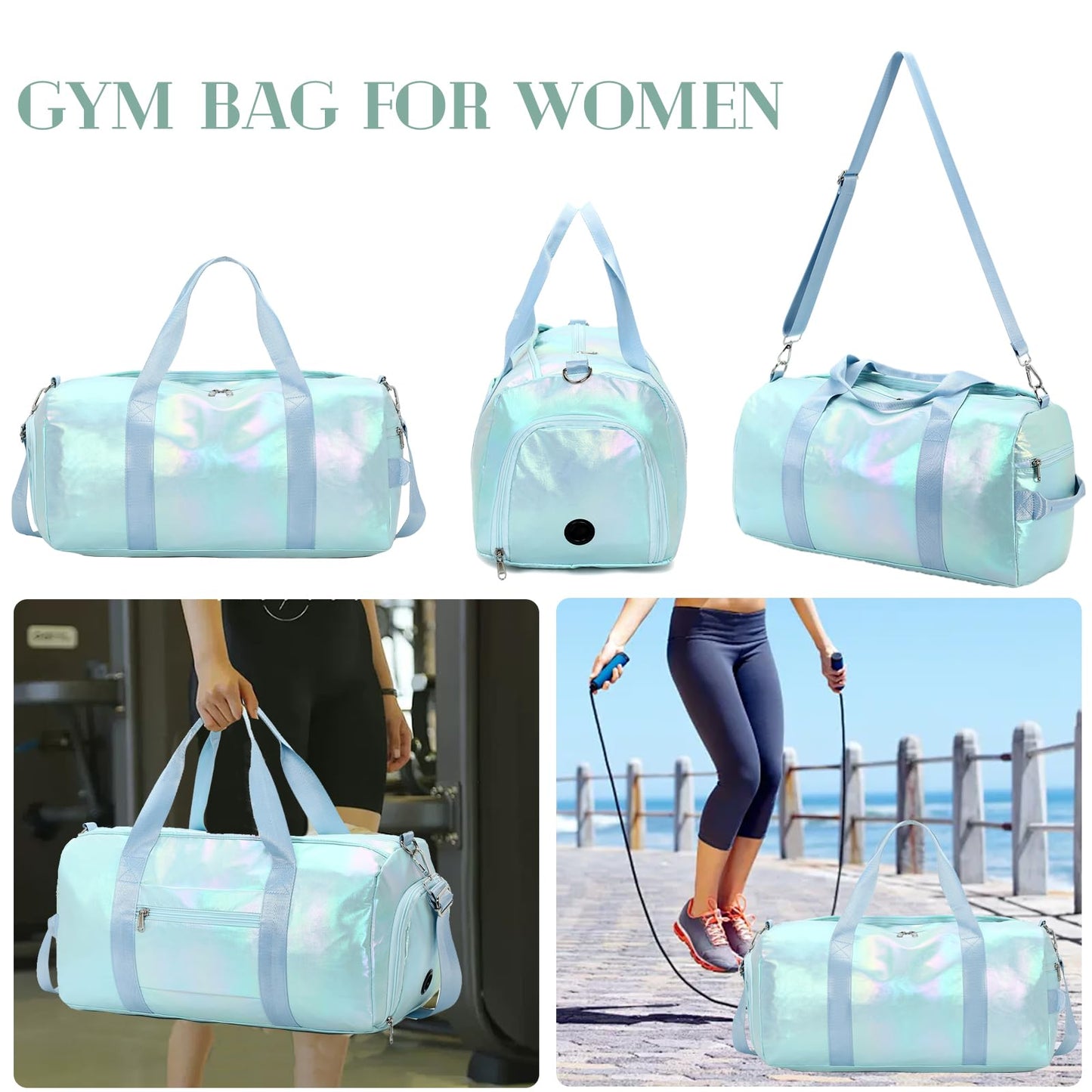 Gym Bag Sports Duffle Bag with Wet Pocket Weekender Overnight Bag with Waterproof Shoe Pouch and Air Hole for Girls Kids Women Travel Foldable Bag (Green)