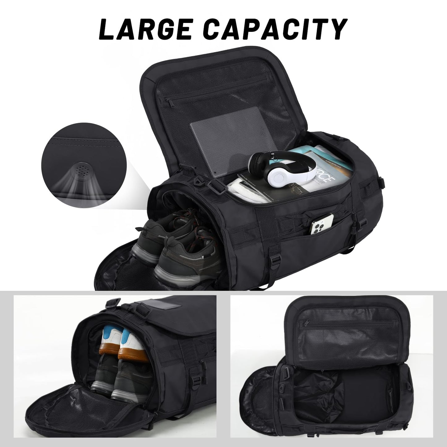 MIER Large Duffel Backpack Sports Gym Bag with Shoe Compartment, Heavy Duty and Water Resistant, Black, 45L