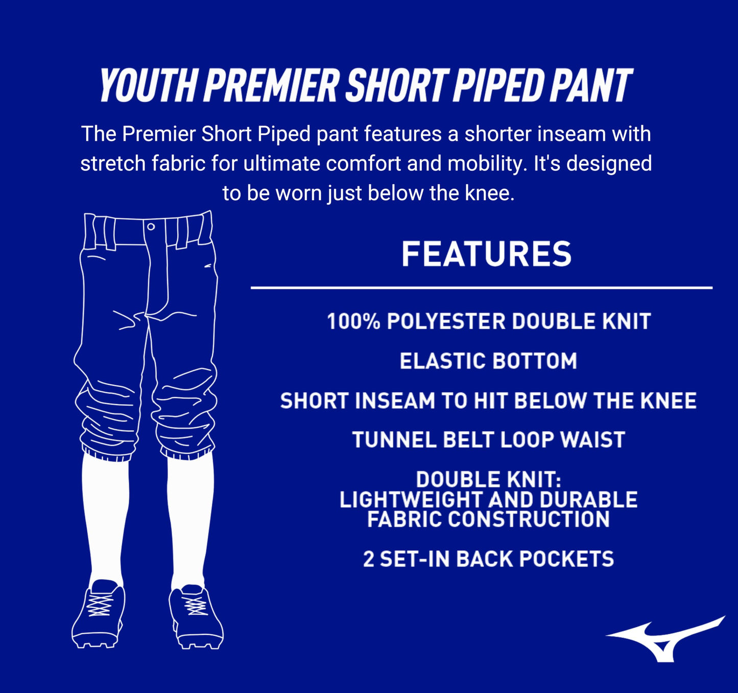 Mizuno Youth Premier Short Piped Pants, White/Black, X-Large