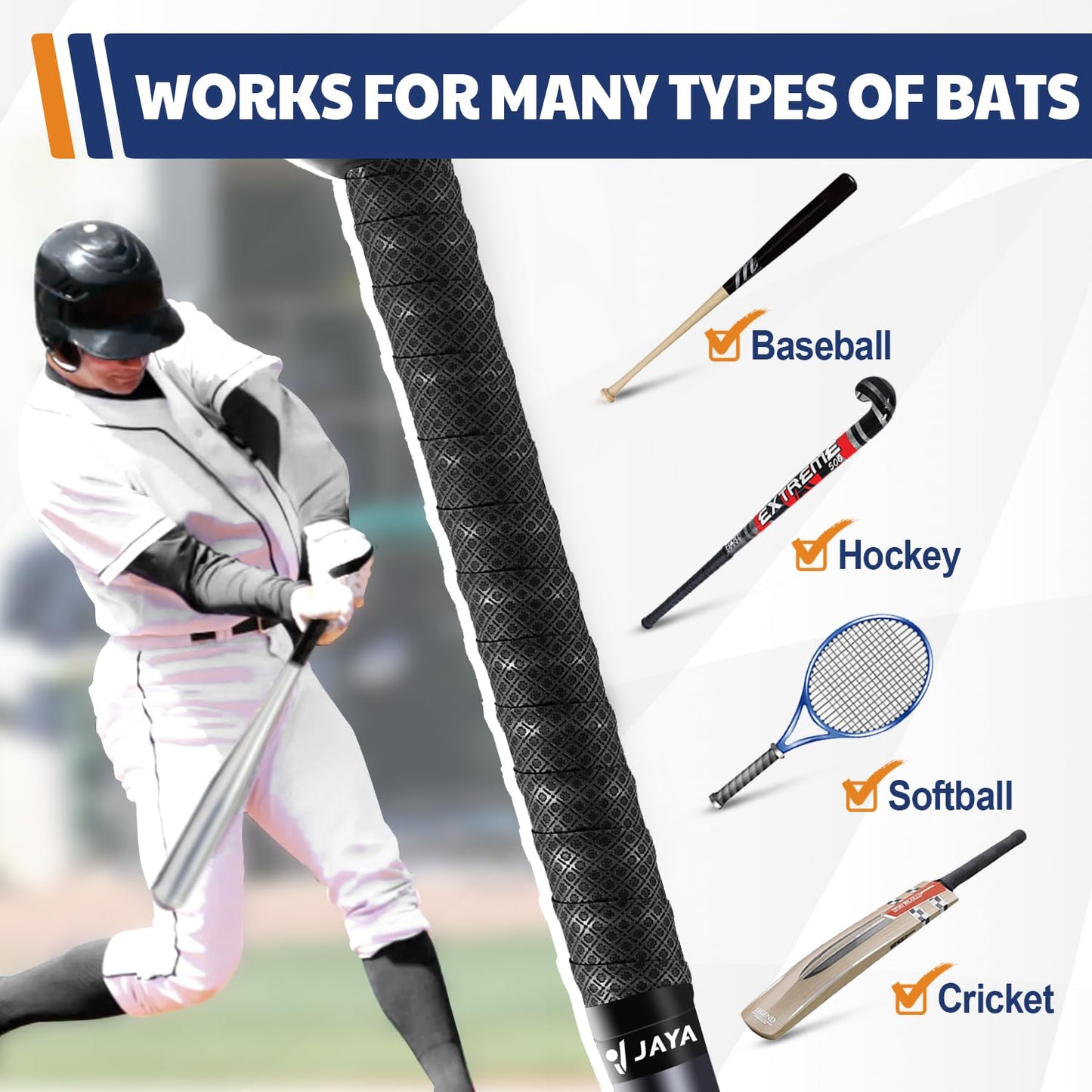 JAYA Bat Grip Tape Anti-Slip 1.2mm, Full Adhesive-Back Baseball Softball Cricket Batting Tape, Professional Feel Bat Wrap Tape for Handles, Set of 2