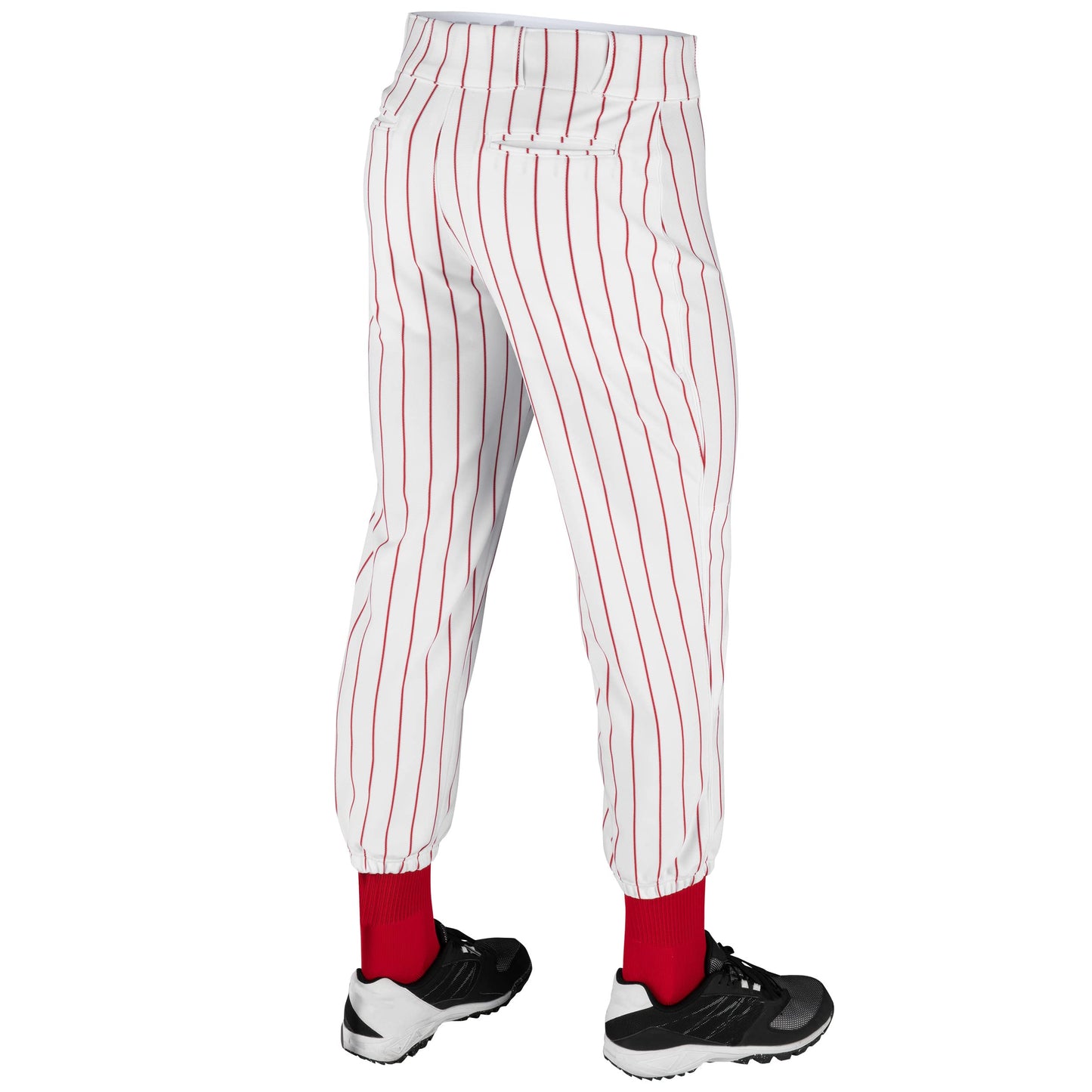 Champro Traditional Fit Triple Crown Classic Baseball Pants with Knit-in Pinstripes and Reinforced Sliding Areas, White, Scarlet pin, Medium