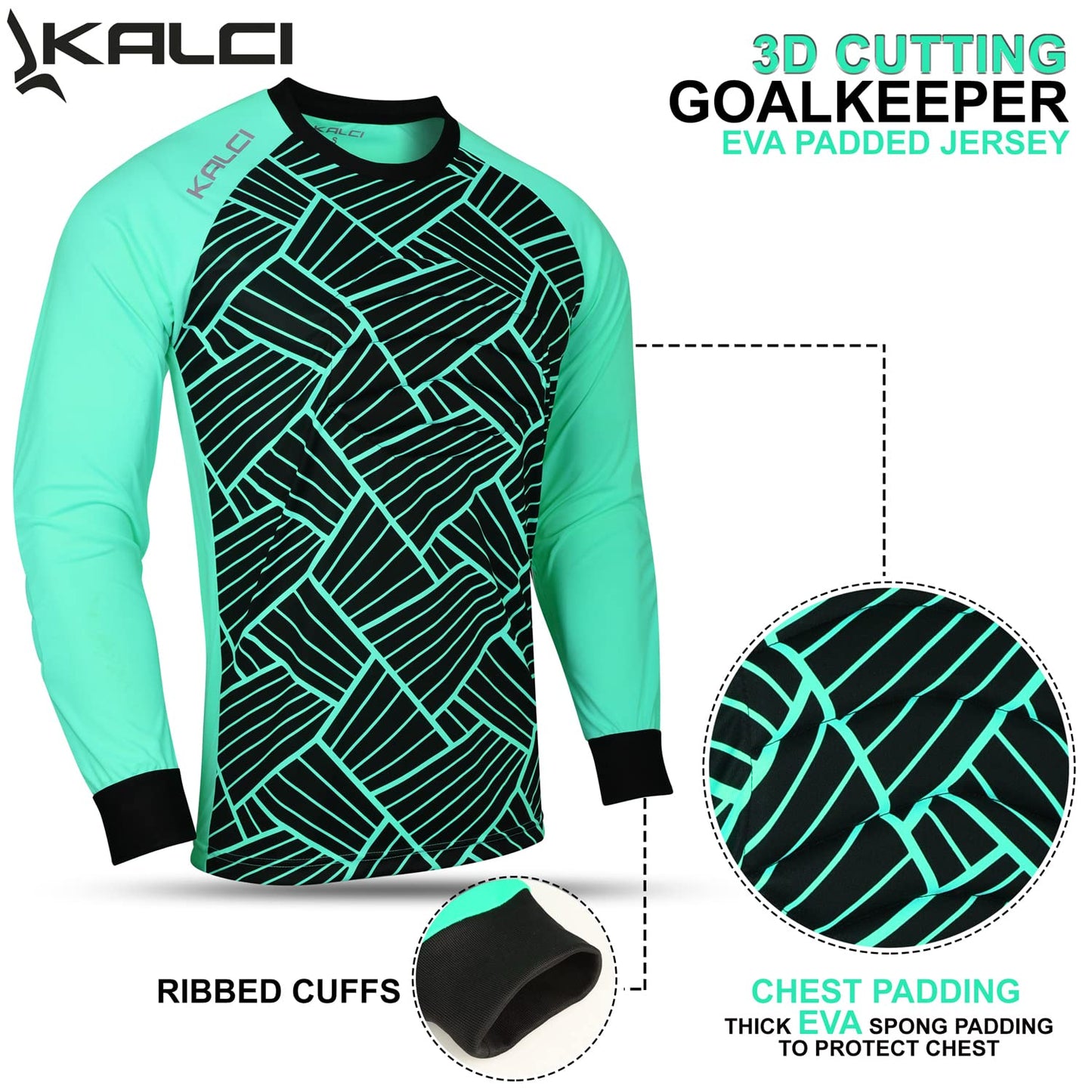 Kalci Hidden Chest Padding Soccer Goalie Jersey Youth & Adult Long Sleeve Elbow Padded Goalkeeper Shirt for Boys & Girls (Turquoise X-Small)