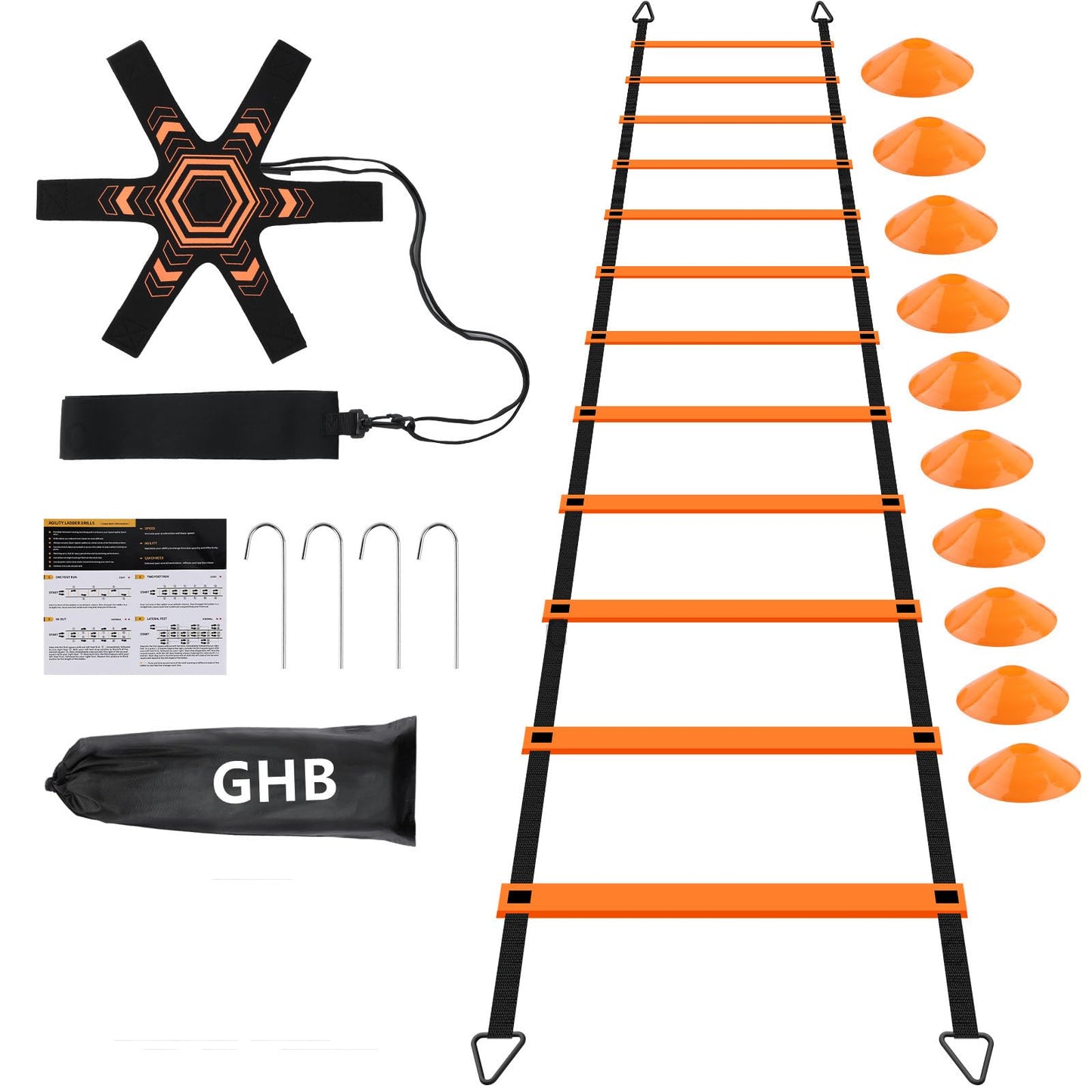 GHB Pro Agility Ladder Soccer Kick Trainer Set 20ft 12 Rung 10 Cones and 4 Stakes Speed Agility Football Training Equipment with Carrying Bag (Orange)