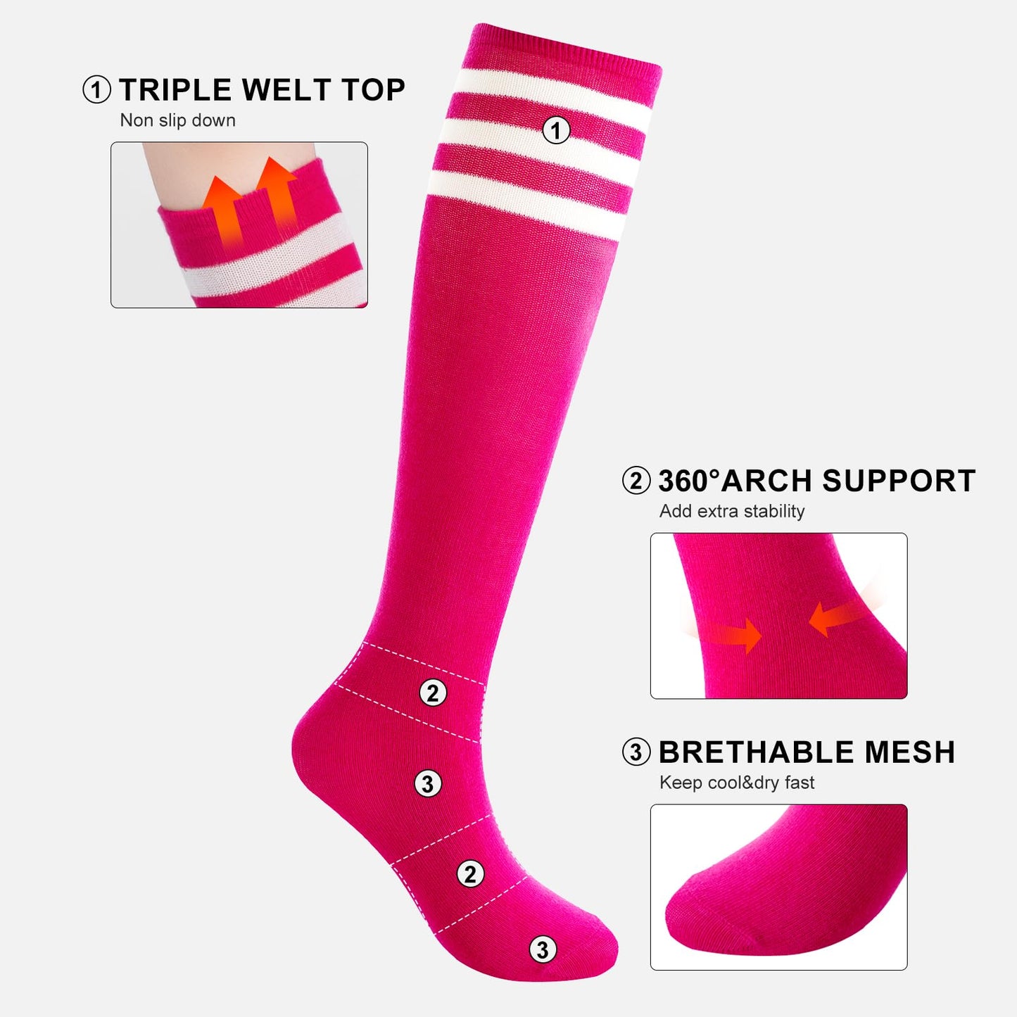 BONANGEL Kids Soccer Socks 6-8 Years Old, Boys Girls Knee High Athletic Sports Football Baseball Socks 8-10 10-12 Years