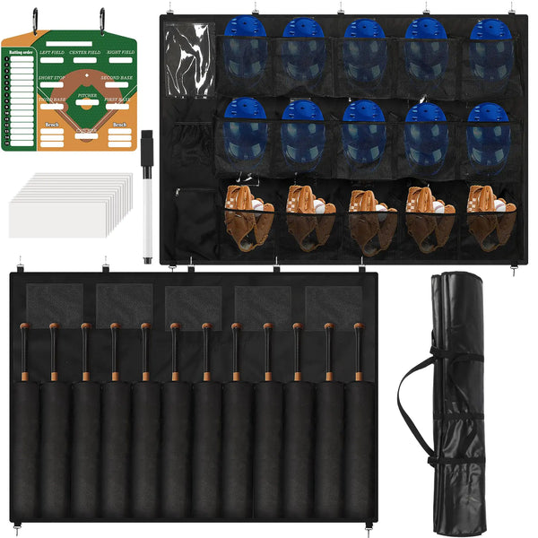 SilTriangle Baseball Dugout Organizer Dugout Equipment Includes Hanging Baseball Helmet Bag 12 Bats Hanging Bat Bag Magnetic Lineup Board Serving for 15 Players Helmets Name Tags Gloves Roster Lineup