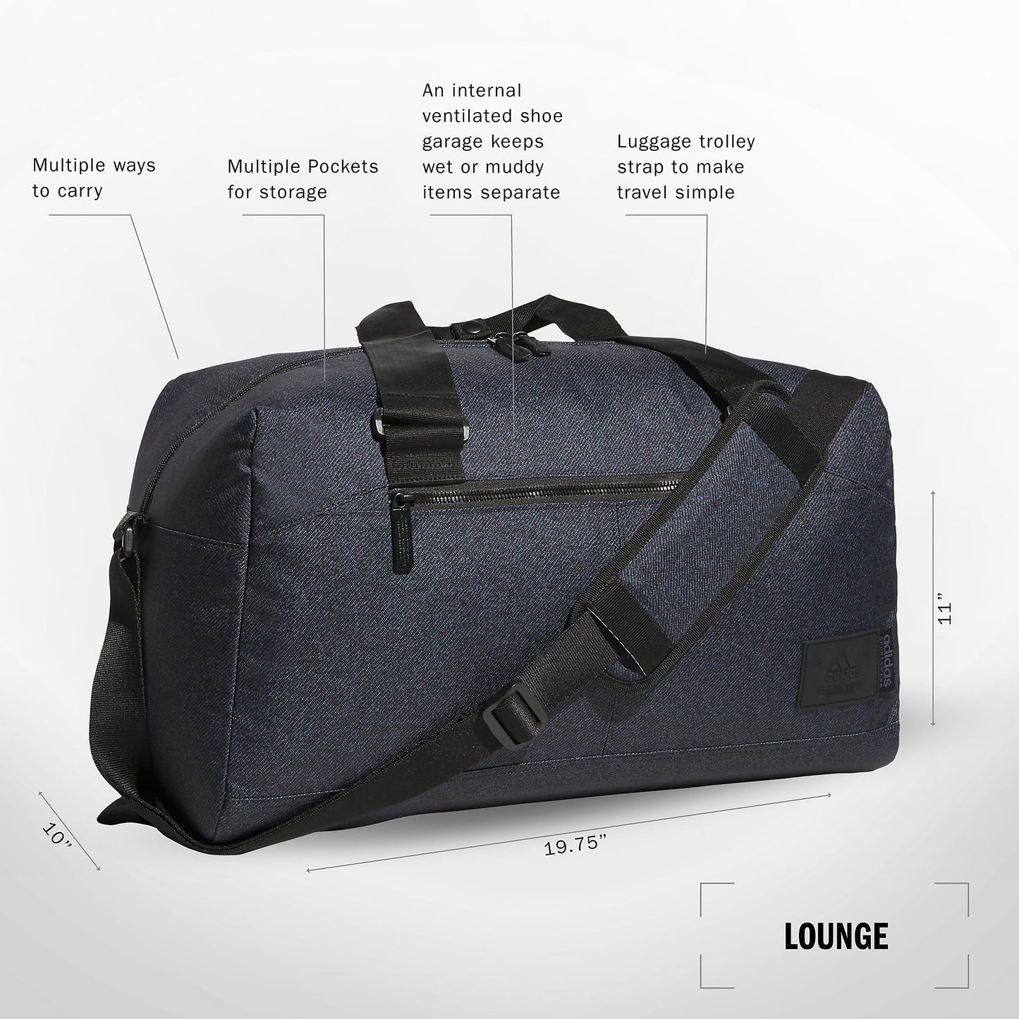 adidas Lounge Premium Sport Duffel Bag for Travel and Gym, Twill Black/Black, One Size