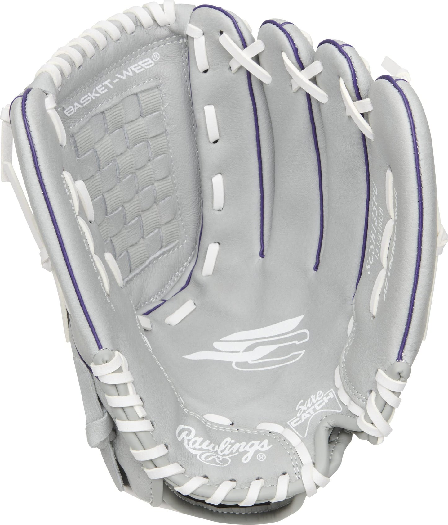 Rawlings Sure Catch Series Fastpitch Softball Glove, Purple/Grey/White, Right Hand Throw, 12.5 inch (SCSB125PU-6/0 12 1/2 BSK/NFC)