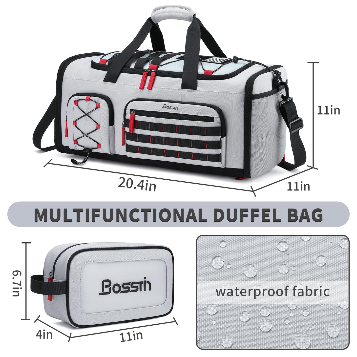Bosstin Gym Bag for Men & Women, 45L Travel Duffle Sports Duffel Bag Gym Weekender Overnight Backpack with Shoe Compartment (Grey)