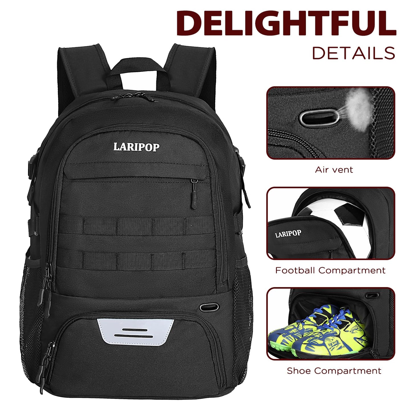 LARIPOP Soccer Backpack,Basketball Backpack with Ball Holder and Shoe Compartment,Men&Women Gifts Backpack for Basketball Accessories Training Equipment Fits Volleyball,Soccer,Sports Gifts