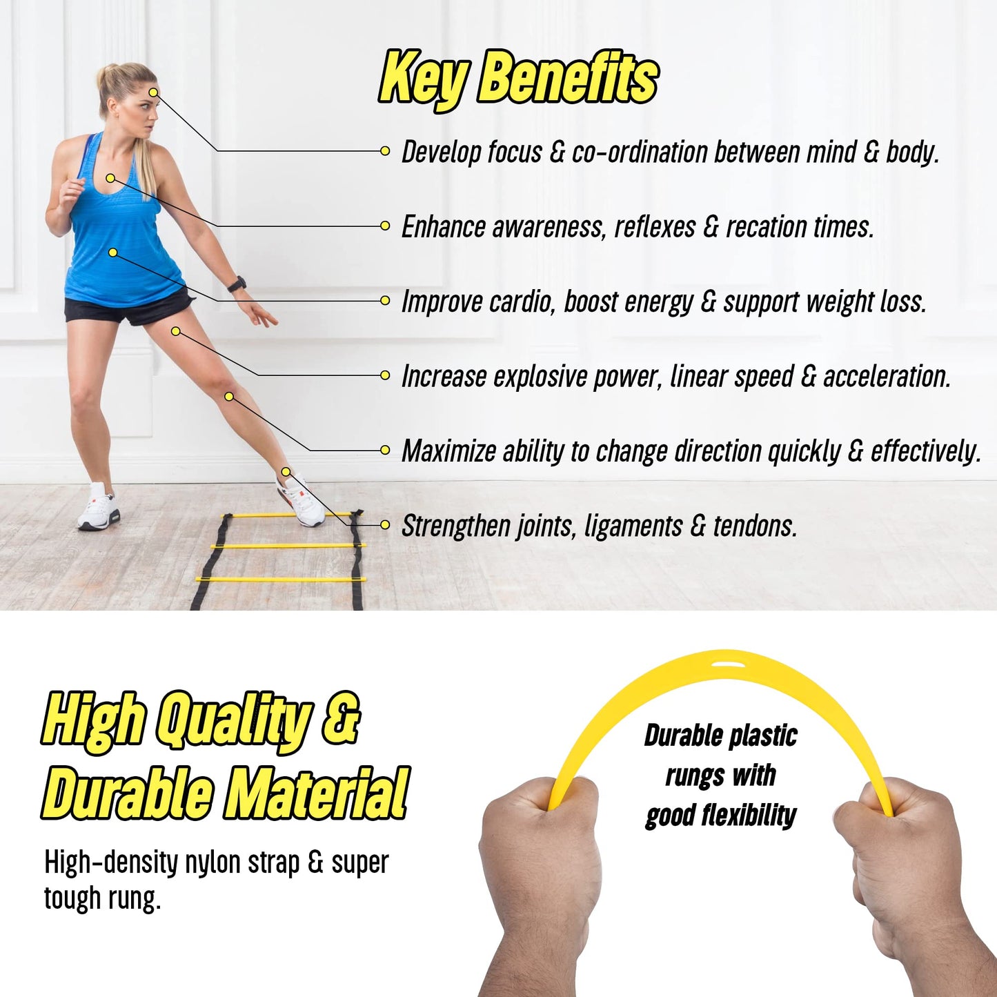 LYKAN FIT 20ft Sports Agility Ladder for Men Women and Kids, Speed Youth Soccer Agility Training Equipment for Football, Exercise, Tennis, Legs Workout with Speed Parachute, Cones and Carry Bag