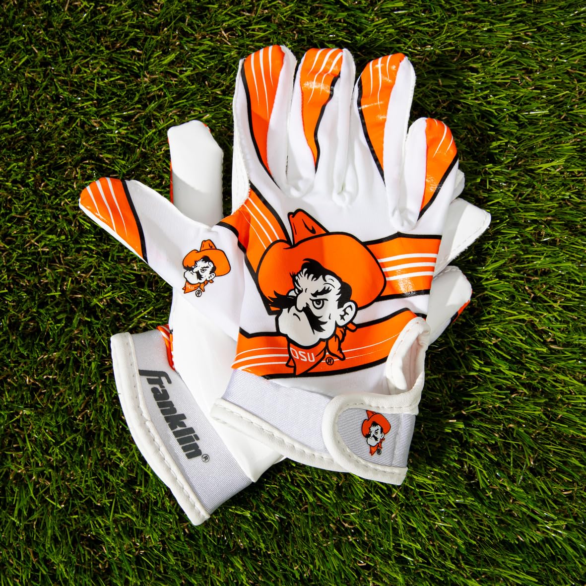 Franklin Sports Oklahoma State Cowboys Kids Football Receiver Gloves - Youth Official NCAA College Team Football Gloves - Silicone Palm - for Kids Ages 7-10 - Youth Small/Extra Small