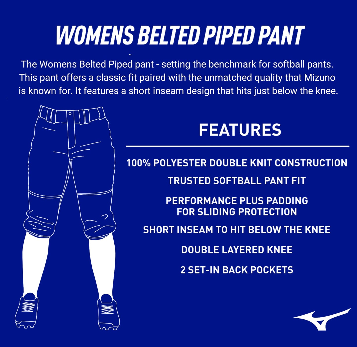 Mizuno Adult Women's Belted Piped Fastpitch Softball Pant, White-Royal, Small