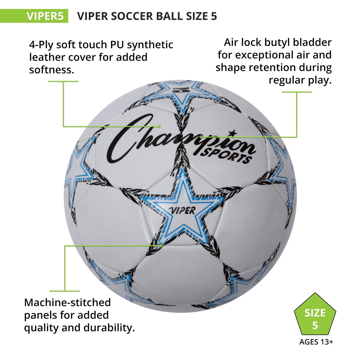 Champion Sports Viper Soccer Ball, Size 5 – Soft Touch TPU Cover, Airlock Bladder – Ages 12 & Up – Blue/Black/White