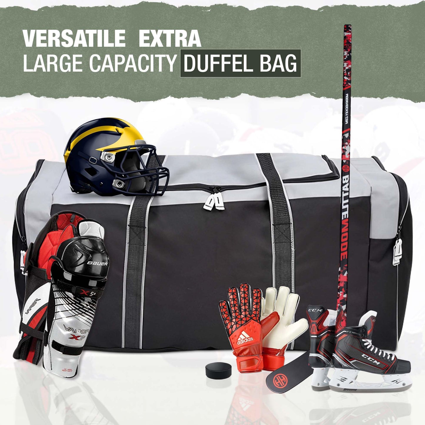 Jetstream Heavy Duty Hockey Bag | Multi Pocket Travel Duffel Bag | Large Sports Gym Equipment with Water Repellency | Foldable Luggage Bag with Padded Handles For Camping (36 Inch, Grey)