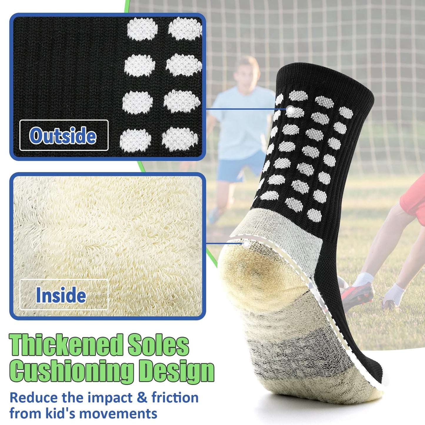 HYCLES Kids Grip Soccer Socks, 3 Pairs Youth Non Slip Athletic Cotton Cushioned Socks for 8-12 Years Boys Girls