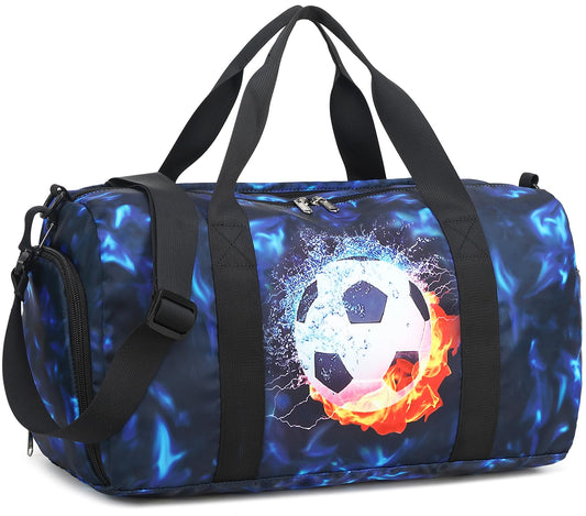 Kids Duffle Bag Boys Girls Overnighter Travel Sport Gym Bag Weekender Carry On Shoulder Bag with Shoe Compartment & Wet Pocket (Soccer Black Blue)