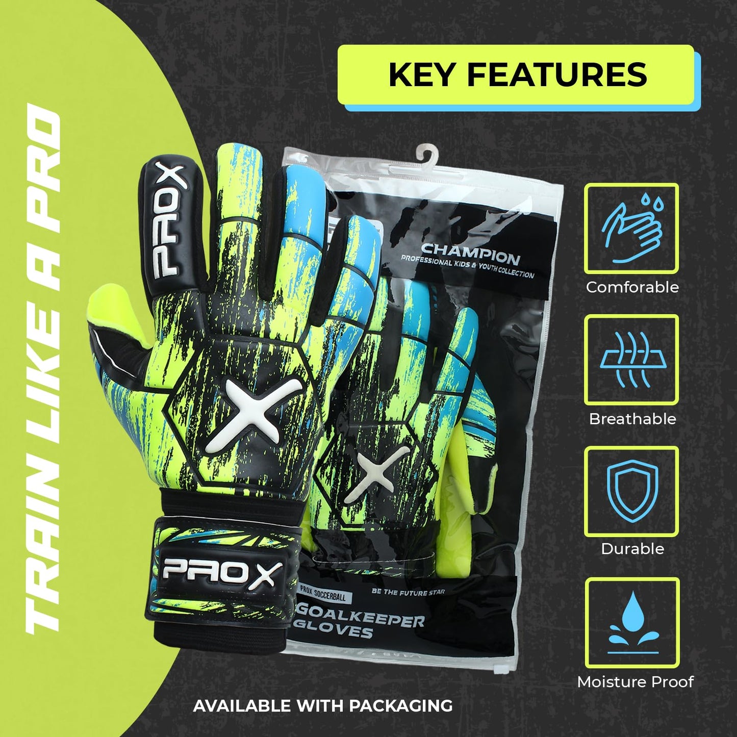 PRO X Soccer Goalie Gloves for Kids with Super Strong Grip, Match & Training Youth Goalie Gloves, Soccer Goalkeeper Gloves Kids with Soft Grippy Secure Latex (Flourcent Yellow, Size 5 (8 to 11 Years)