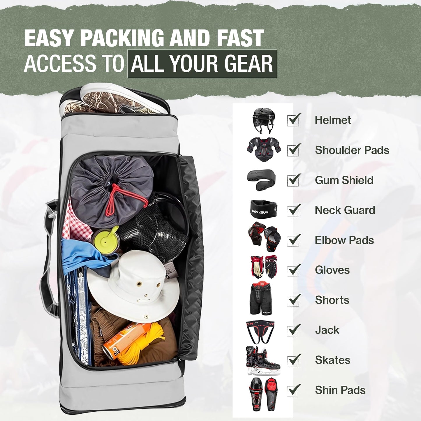 Jetstream Heavy Duty Hockey Bag | Multi Pocket Travel Duffel Bag | Large Sports Gym Equipment with Water Repellency | Foldable Luggage Bag with Padded Handles For Camping (36 Inch, Grey)
